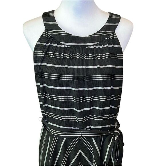 Tommy Hilfiger Halter Midi Dress Striped Crinkle Gauze Waist Tie Black Gray 12 - Picture 3 of 16